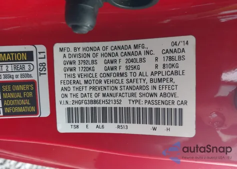 2014 Honda Civic Ex from USA, damaged, VIN 2HGFG3B86EH521352